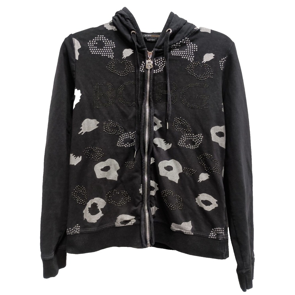 VTG Y2K BCBGMaxazria Crop Embellished Hoodie Womens Medium Black Animal Print